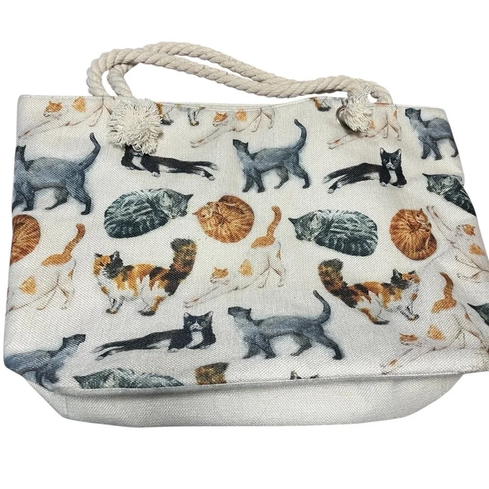 Extra Large Cat Print Tote Bag Rope Handles Quirky Cat Lady Canvas